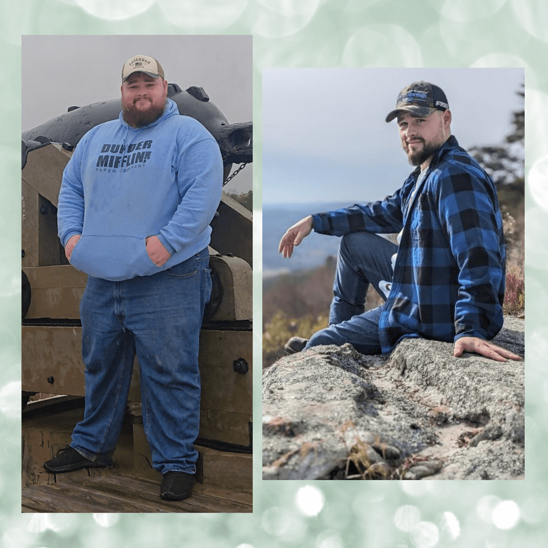 Before and after pictures of Slaten Burney showing his weight loss