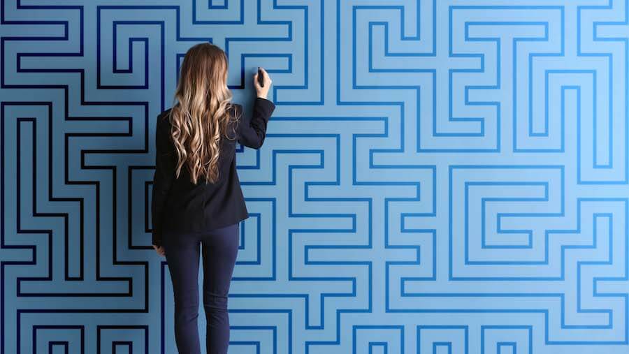A women standing in front of a wall maze with a marker