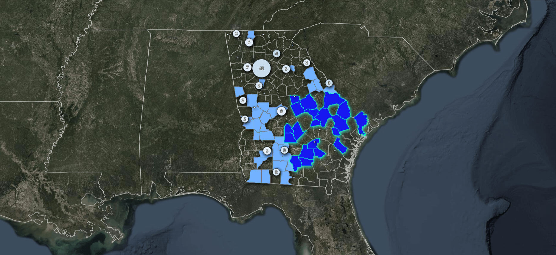 Map highlighting recommended markets based upon data